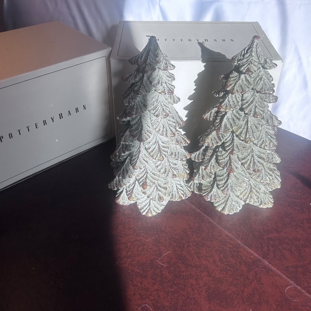 Pottery Barn Large Icy Tree Candle Set of 2 Christmas Decor Frosted Green 11"